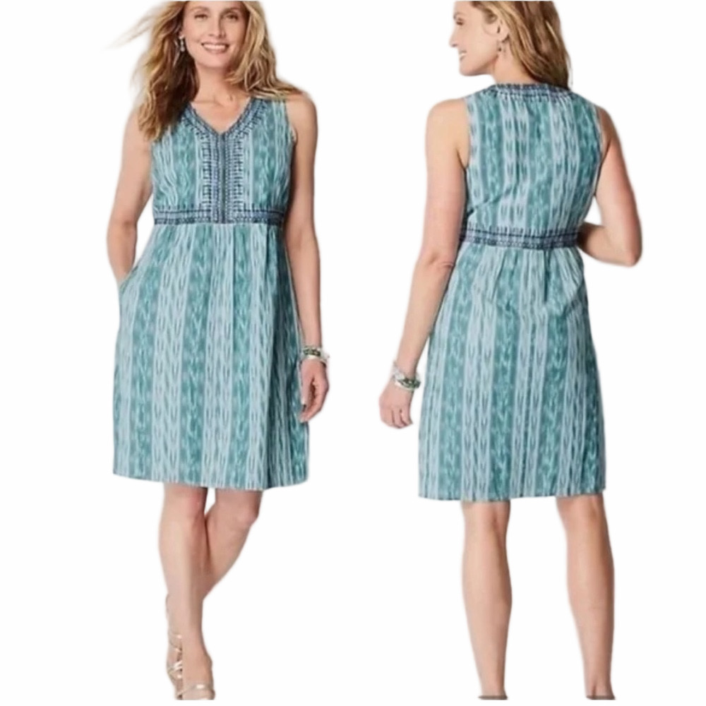 J. Jill Embroidered Cotton Tunic Dress Green Blue Medium